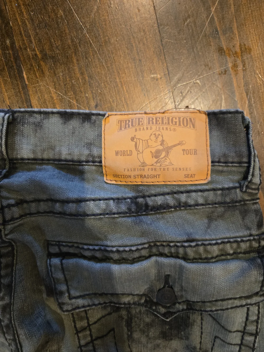 True Religion Ricky Straight Big T Jeans 34 Green Black Acid Wash Flap Pocket